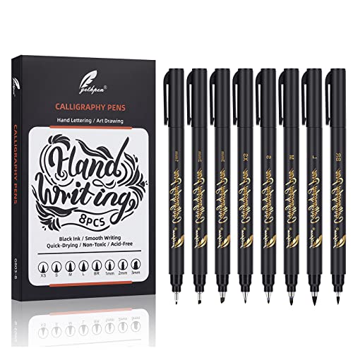 Gethpen Calligraphy Pens,Hand Lettering Pens, Calligraphy Brush Pen Set For Beginners Writing, Sketching, Scrapbooking, Journaling, Soft And Fine Tip, Black Ink Drawing Pen Set, 8 Size #TOP6