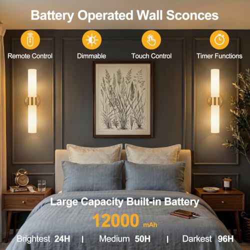 Image of Battery Operated Wall Sconce Set of Two, Modern Brushed Gold Wall Lighting with Milky White Glass, Wireless Wall Sconces with Remote Control
