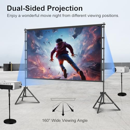 Image of Outdoor Projector Screen with Stand, TOWOND 120 inch Portable Movie Screen, 16:9 HD Foldable Anti-Crease Projection Screen with Carry Bag for Sports Viewing Parties Support Double Sided