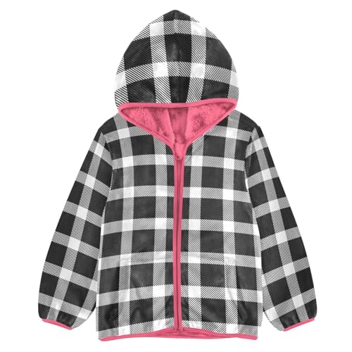 GuoChe Black White Tartan Plaid Girls Sherpa Lined Hoodie