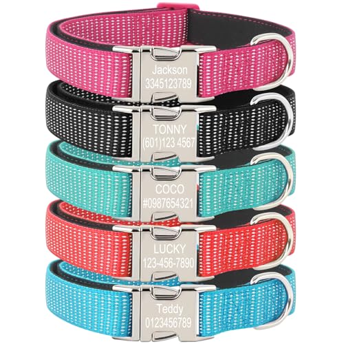 Collare per cani con incisione laser personalizzata con nylon riflettente e fibbia identificativa in metallo sicuro, collare regolabile per cani di taglia piccola, media e grande (fibbia in metallo)