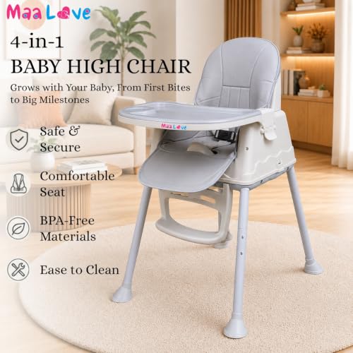 Image of Maa Love 4-in-1 Baby High Chair for 0-5 Years, Adjustable Height Feeding Chair with Detachable Tray, One-Hand Fold, Multifunctional High Chair (Grey)
