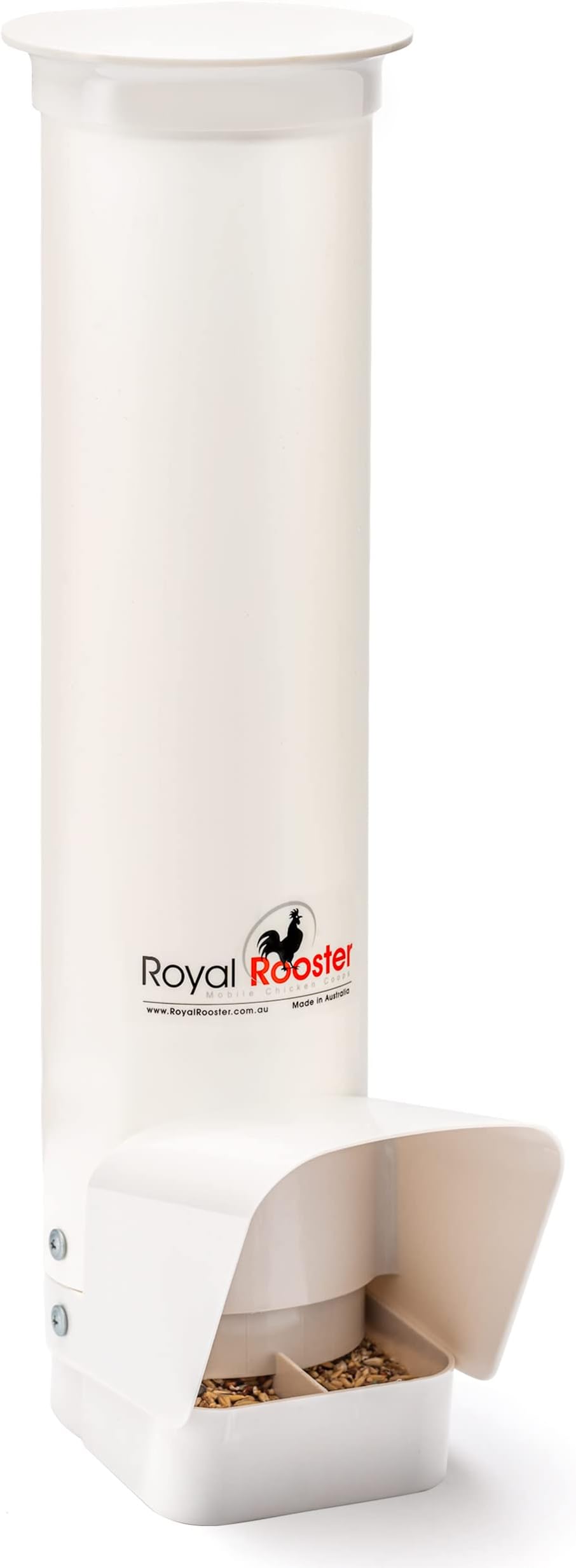 Royal Rooster Automatic Duck Feeder with Gravity Feed Dispenser and Large Opening - 7lb Feeder for Ducks and Small Animals - Hanging Poultry Feeder - Auto PVC Duck Poultry Feeder with Rain Cover