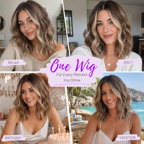 Image of Eawwii Ombre Light Brown With Blonde Short Wavy Wig for Women Lace Hairline Bob Style Synthetic Heat Resistant - Natural Appearance for Everyday Hairstyle 14 Inch