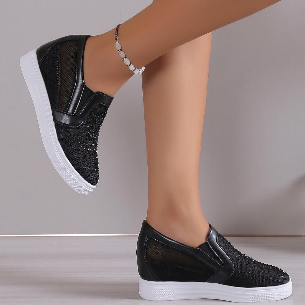 Scarpe da ginnastica da donna bianche con strass, design a rete, punta chiusa, zeppe, tacco nascosto, in tela, scarpe da sposa