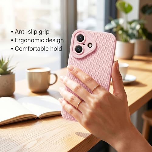 Image of amazon basics Luxury 3D Knitted Texture Soft Silicone Back Cover for iPhone 16 | Slim Fit Shockproof Case with Camera Protection & Non-Slip Grip - Pink
