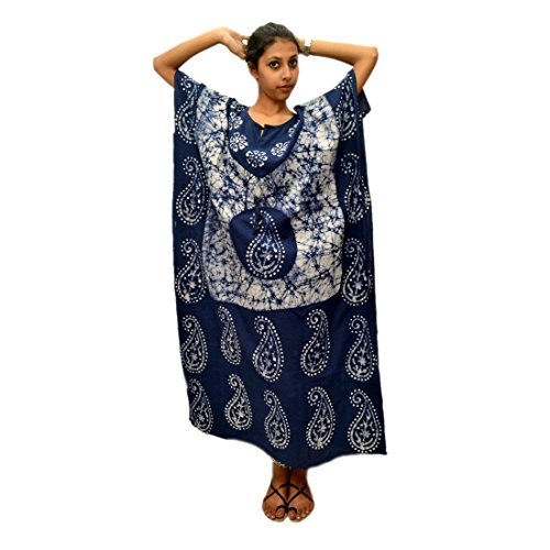 Odishabazaar Womens Cotton Caftan Nighty Blue White Batik Kaftan Maxi Dress