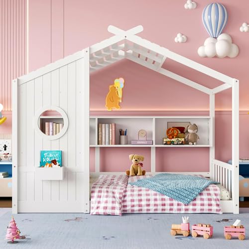 Image of Twin Size Floor House Bed with Roof and Window for Kids, Wooden Playhouse Bed with Storage Shelves for Bedroom Furniture Girls & Boys (White /L2, Twin)