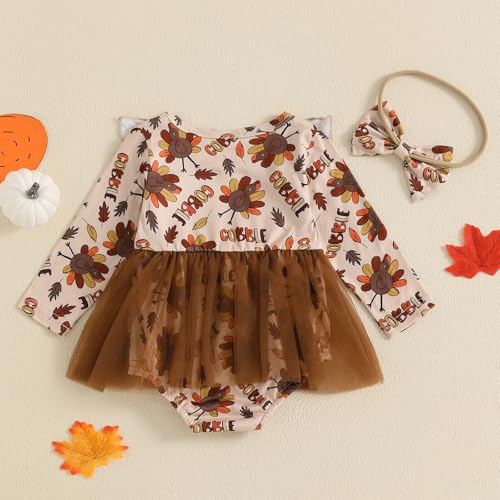 Thanksgiving Baby Girl Outfit Infant Fall Romper Dress Turkey Pumpkin Print Bodysuit Tutu Dresses Newborn Clothes3
