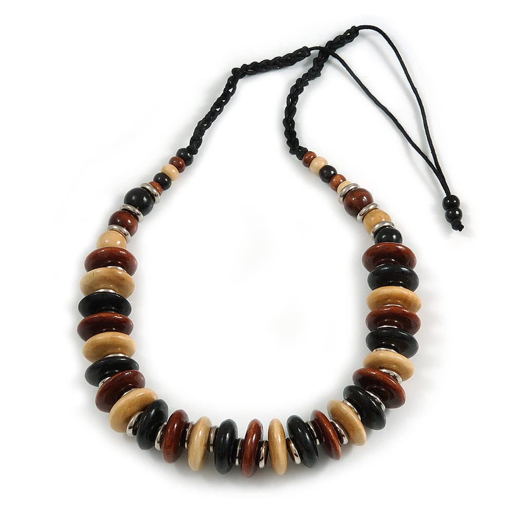 Avalaya Collier en cordon de coton noir avec bouton en bois naturel et perles rondes – Longueur maximale 80 cm – Réglable