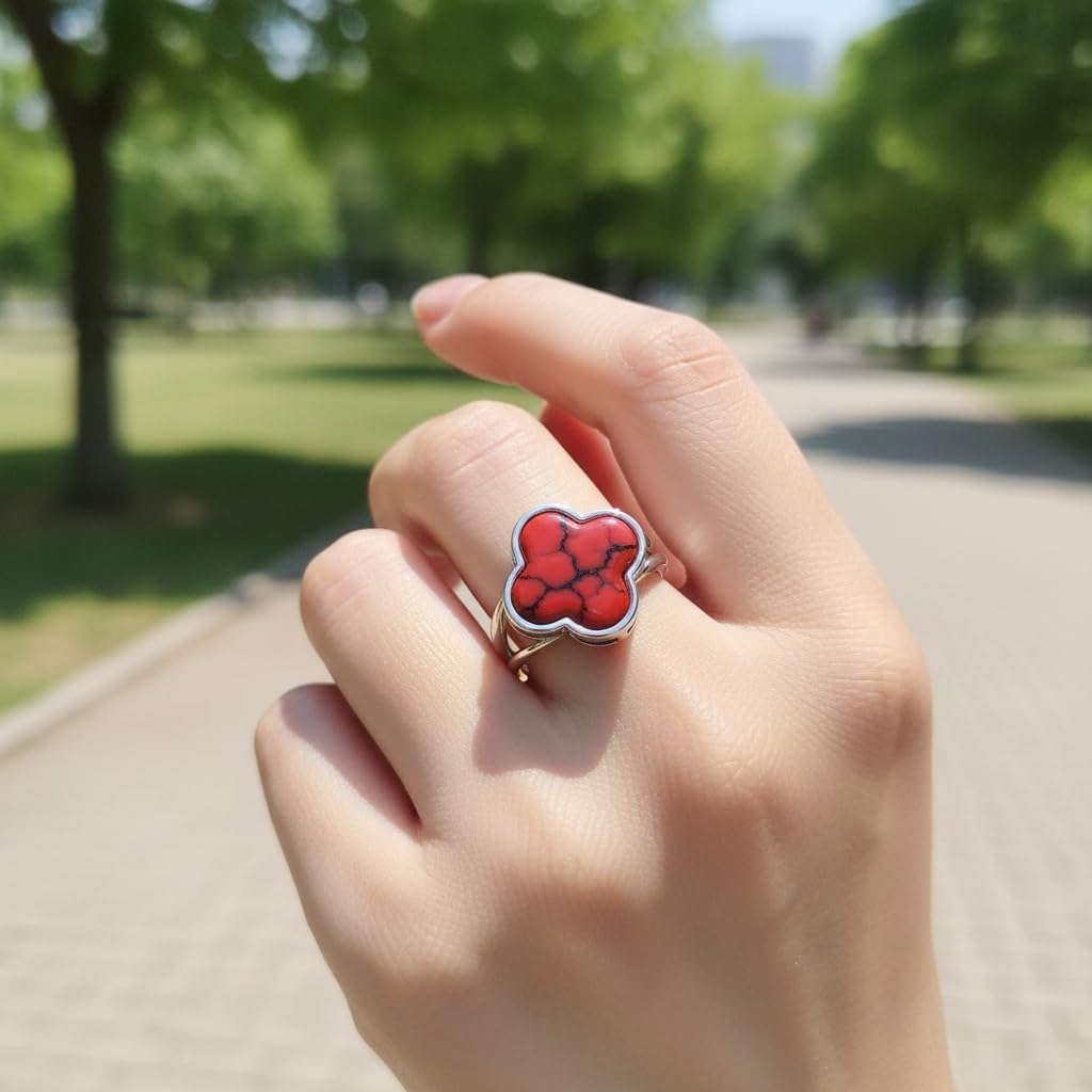 S925 Sterling Silver Four Leaf Clover Ring for Women, Turquoise Gemstone, Vintage Lucky Clover Split Shank Statement Band