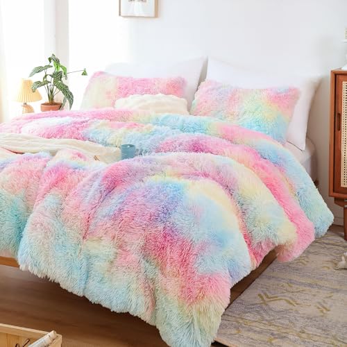 Smoofy Fluffy Twin Comforter Set, Faux Fur Comforter Set, Luxury Fuzzy Twin Bedding Set, Soft Shaggy Bed Set for All Season, 2 Pieces - 1 Comforter & 1 Pillowcase, Tie-Dye Pink