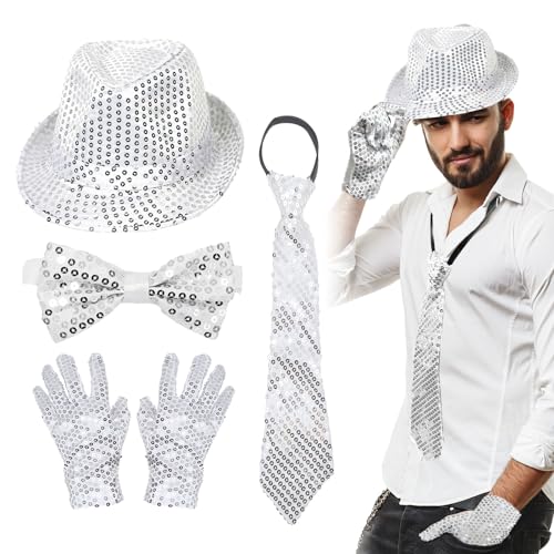 EUPSIIU 4 Piezas Jazz Dance Hat Performance Jazz Guantes Corbata y Pajaritas Lentejuelas Sombrero, Sombrero de Lentejuelas Accesorio Discoteca para Disfraz Hip-Hop Actuaciones y Baile (Plateado)