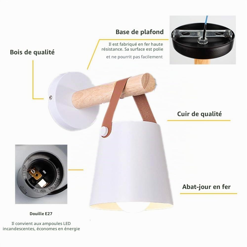 Chrasy E27 Moderne Applique Murale Métal Style En Fer Forgé Bois Ceinture Applique Murale Creative Nordique Eclairage Suspension Luminaire (Blanc)