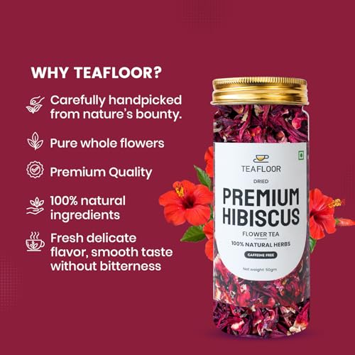 Image of TEAFLOOR 100% Dried Natural Hibiscus Flower Tea: Explore The Ruby Nectar || Wellness & Health,Vitamin C Bursts || Whole Flower Buds, Brew Hot Or Iced - Caffein Free || 50 Grams (Pack Of 4)