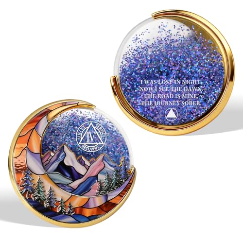 BraveBloom Moving Sand 4 Year Sobriety Coin - Liquid Glitter AA Chip for Four Year Recovery Moon and Mountain Sober Chip with Token Capsule Sobriety Gifts for Women Men Celebrating Sober Anniversary