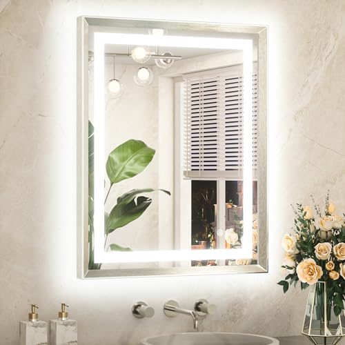 TETOTE 24 x 30 Large Bathroom Mirror Brushed Bright Nickel Metal Frame Frontlit & Backlit Vanity Mirror 3 Colors White/Warm/Natural Stepless Dimmable Anti-Fog Bathroom Mirrors for Vanity Wall-Mounted