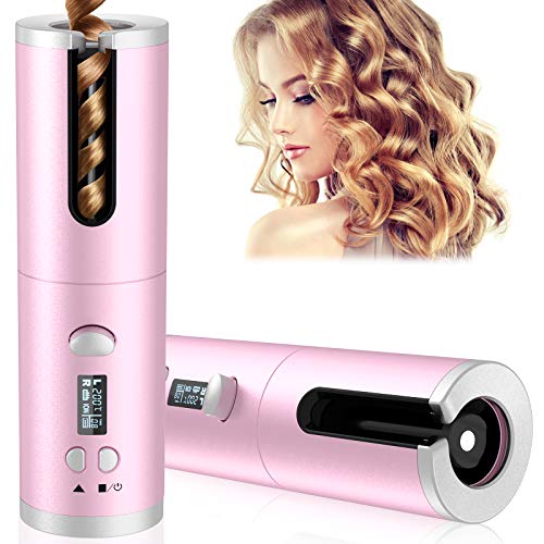 Cordless Auto Curler, Automatic Curling Iron with 6 Temp & Timer Settings, Auto Rotating Ceramic Hair Curler, Portable Rechargeable Curling Iron Wand for Hair Styling (Pink)