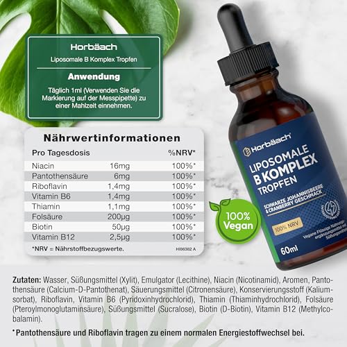 Liposomales Vitamin B Komplex Hochdosiert Druppels | 60ml | Alle 8 B Vitaminen mit Vitamin B1 B2 B3 B5 B6 Biotin Folsäure B12 | von Horbaach