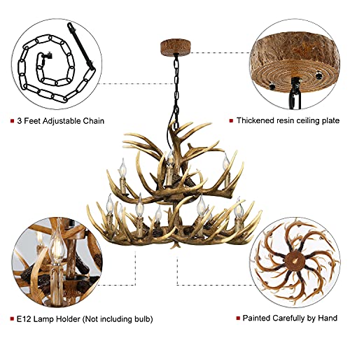 Durahonn Antler Chandelier Double Layer,8+4 Lights, Retro Country Style Deer Horn Chandelier Lighting, Antler Candel Holder E12 Base, Antler Lamp For Cafes, Bars, Kitchen (15 Antlers + 12 Lights) #TOP5