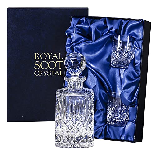 Royal Scot Crsytal London Whisky Set - Square Spirit Decanter & 2 Crystal Whisky Tumblers (Presentation Boxed)
