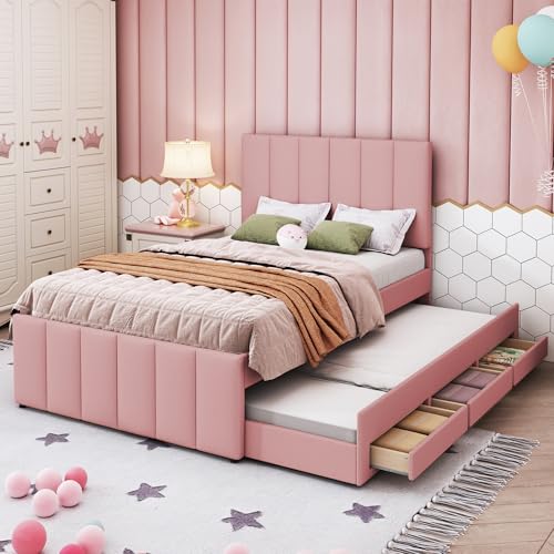 MQLAE Kinderbett Polsterbett 90 x 200 cm mit Ausziehbett und Schubladen, hautfreundliche Leinenpolsterung, Gepolstertes Kopfteil Bett, Einzelbett, Jugendbett, Ausziehbares Bett (Rosa)