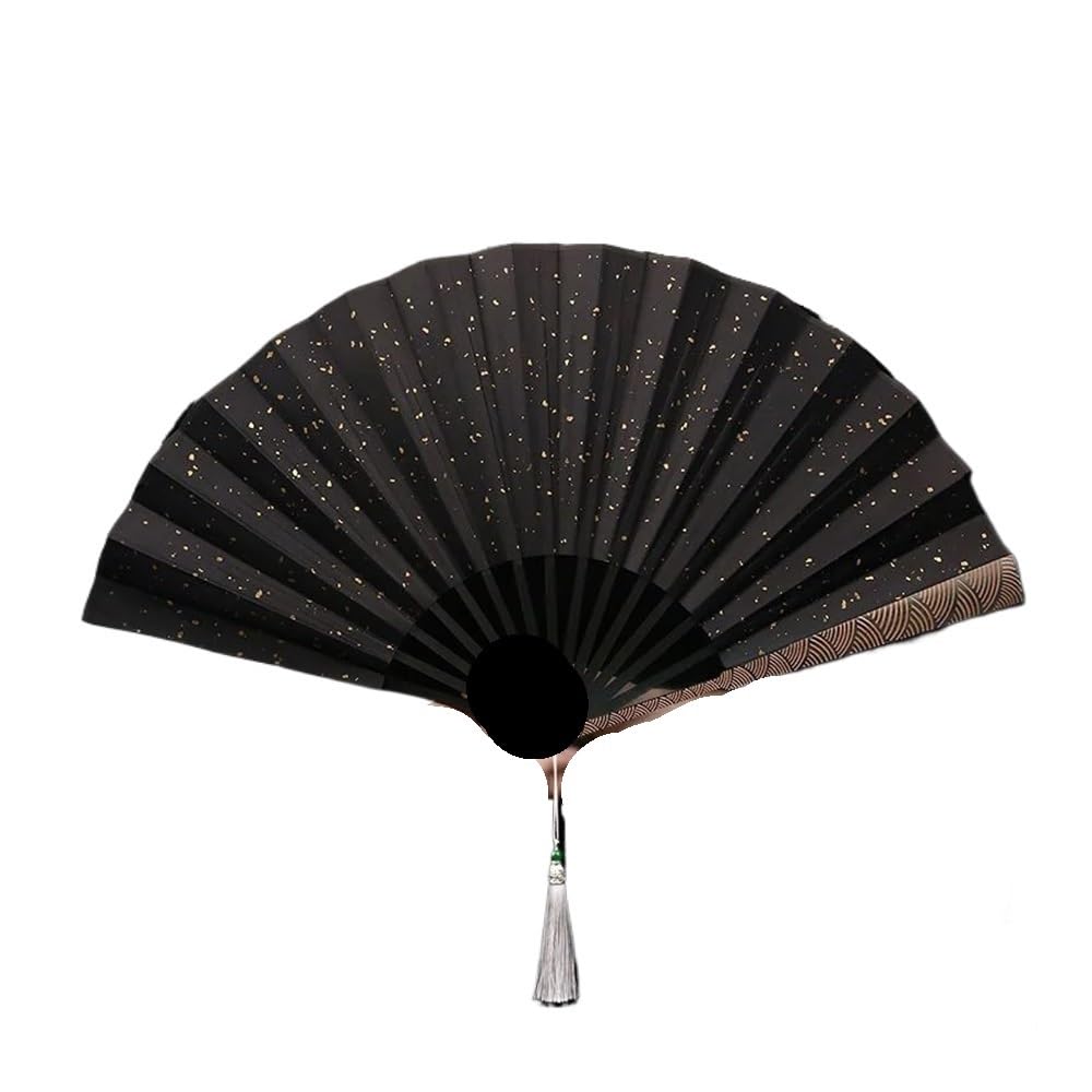 Jobaojiang Cloud Pattern Fine Carved Rice Paper Folding Fan Black Sprinkled Gold Silk Cloth Antique Sea Wave Pattern Fan(Black)
