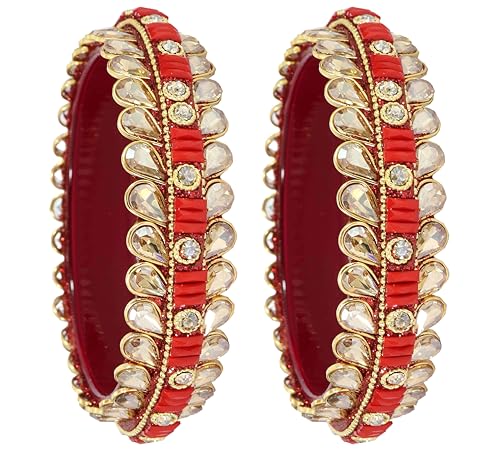Image of NMII Glass Golden Zircon Stone & Kundan Beads Kada Set For Women & Girls | Fancy Design Kada Bangles | Traditional Look Kangan | Glass Bangles For Women Wedding, Party, Function, Daily use