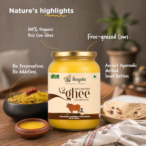 Image of The Bagdis Organic A2 Gir Cow Ghee | Hand-Churned Cultured Bilona Ghee| Grass-Fed | 100% Pure & Natural Ghee Glass Bottle 1000ml (Pack of 2)