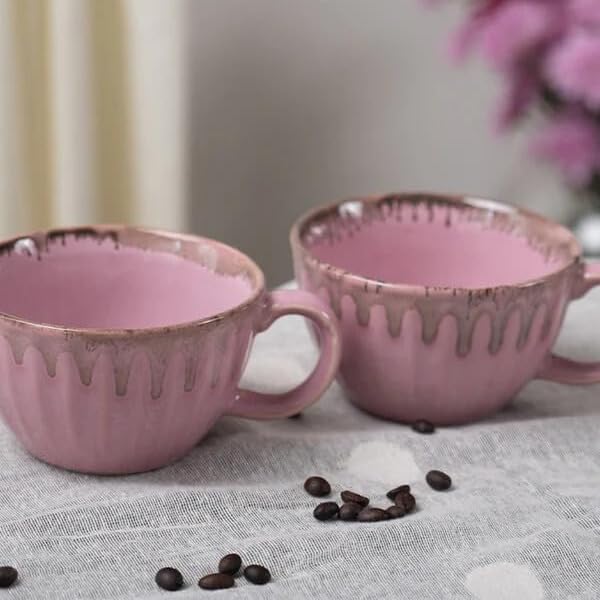 Image of Premium Handcrafted Ceramic Tea & Coffee Cup | Drip Glaze Mug with Handle | Reactive Glaze Finish | Ideal for Tea, Coffee & Hot Beverages | Gift Ready (Set of 2) (Blush Pink)
