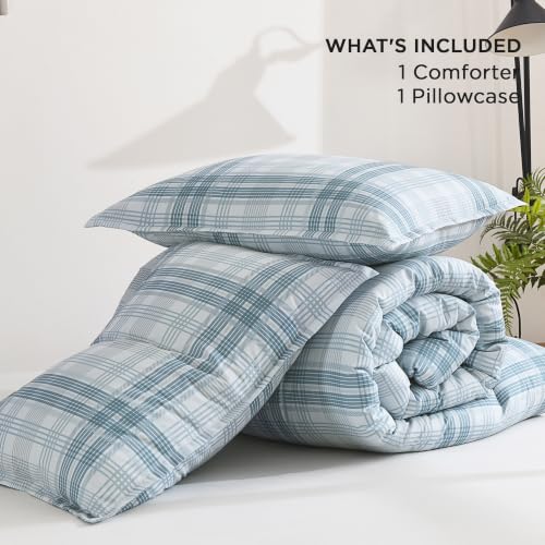 Image of Andency Blue Grey Plaid Comforter Set Twin(66x90 Inch), Gingham Checkered Grid Stripes Bedding Comforter Sets for Boys Girls Kids, 2 Pieces Preppy Geometric Soft Lightweight Reversible Bed Set as Gift