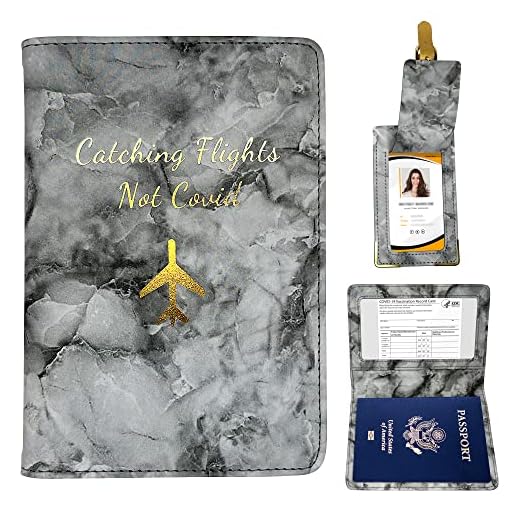Passport and Vaccine Card Holder – Passport Cover Luggage Tag Set – Chic and Stylish Marble Passport Wallet with Gold Foil Lettering – Durable Faux Leather (Faux Leather, Grey and white marble)