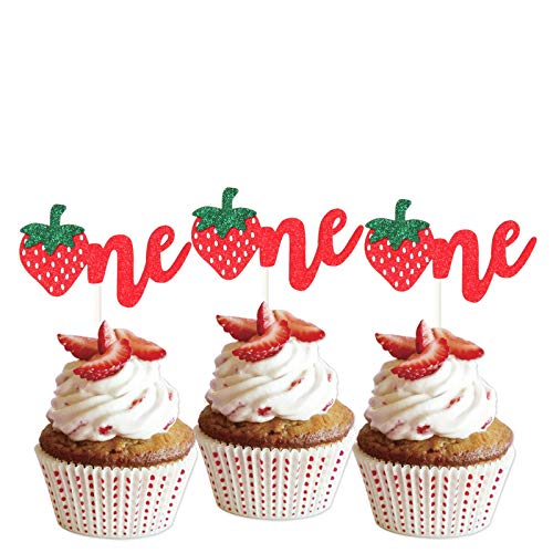 Image of ETvalley LILIPARTY 24Pcs Glitter Strawberry One Cupcake Toppers Fruits Theme Party Dessert Cupcake Picks for Summer 1st Birthday Wedding Party Baby Shower Summer Garden Party Decoration Supplies