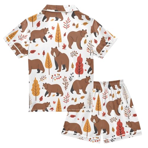 ALAZA Bear Cartoon Autumn Pajamas Satin Pajama Set Short Sleeve Button Down Sleepwear2