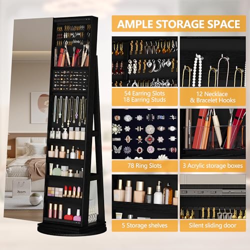 Image of LVSOMT Standing Jewelry Cabinet with Sliding Full Length Mirror, Black | 360 Swivel Mirror with Jewelry Storage, Lockable Jewelry Armoire Organizer with 3 Rear Shelves for Bedroom, Gift for Women