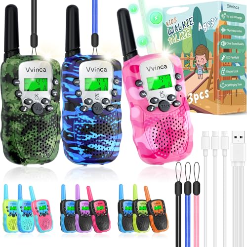Vvinca Walkie Talkies for Kids Rechargeable 3 Pack, Army Toys for Boys Girls Ages 3-13 Outdoor Military Camping Toy Birthday Gift, Walkie-Talkie 3KM Long Range 2 Way Radios 22 CH with Flashlight