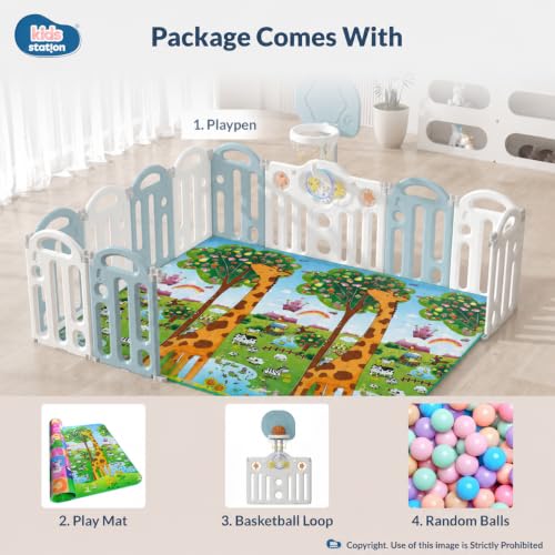 Image of Kids Station Blue Bear Large Playpen with Playmat, Hoop & 20 Balls Included, Safe Play Yard for Infants & Toddlers 180 * 200, Easy Assembly, Anti-Slip Base