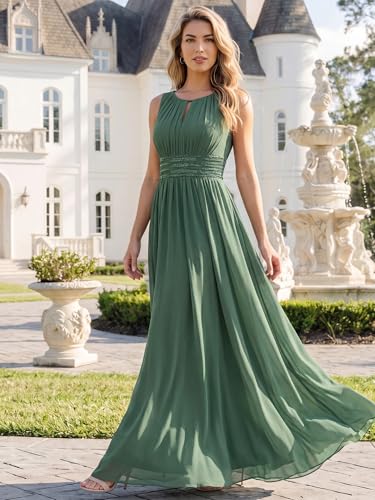 Image of Ever-Pretty Women's Chiffon Sleeveles Summer Formal Wedding Guest Dresses Ruched A Line Hollow Out Crew Neck Bridesmaid Dress