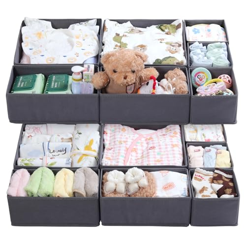 Image of ORLISA 14 Pack Baby Clothes Drawer Organizer - Nursery Dresser Organizer Bins Set (3 Sizes) - Foldable & Washable Storage Bins for Baby Clothes, Infant Clothing, Socks & Accessories - Grey