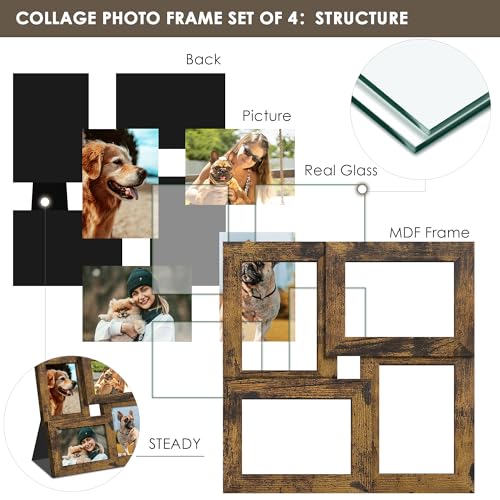 Image of DUENPY 3.5x5 Photo Frame Tempered Glass For 4 3.5x5 Photos Brown | Sturdy Tempered Glass Offers Clear View, Flexible Display Methods to Preserve Your Tiny Precious Memories