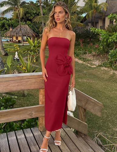 Image of ZESICA Womens Summer Cocktail Strapless Maxi Dress 2026 Formal Bodycon Backless Floral Tube Wedding Guest Party Long Dresses