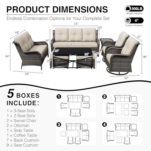 Image of Joyside 8 Piece Wicker Patio Furniture Set, Outdoor Swivel Rocker Patio Chairs with High Back, Deep Seating, Wide Armrest, Thickened Cushions, Outdoor Furniture for Deck, Porch Use
