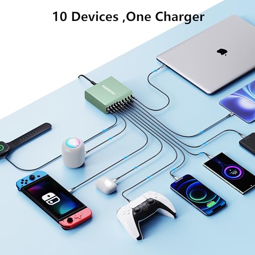 Image of 320W USB C Charger Block, MGRNPONY 10-Port GaN USB C Charging Station Green | PD 65W Laptop Fast Charger Adapter for MacBook Pro /Air, DELL, iPad, iPhone, Samsung Galaxy