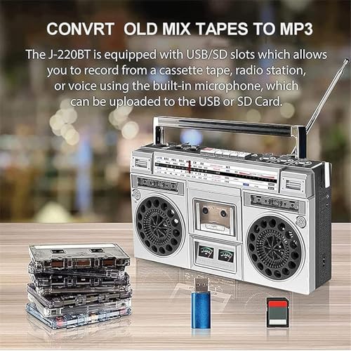 Boombox Bluetooth portátil con radio AM/FM, amplificador de graves y altavoz integrado, estilo retro clásico, soporta entrada SD/USB para reuniones familiares y viajes