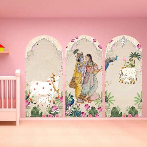 Image of Ridit Creation Radha Krishna Wall Poster | Cow Peacock Lotus Traditional Design | 3 Piece Arch Shape Wall Decor Poster for Home Decoration