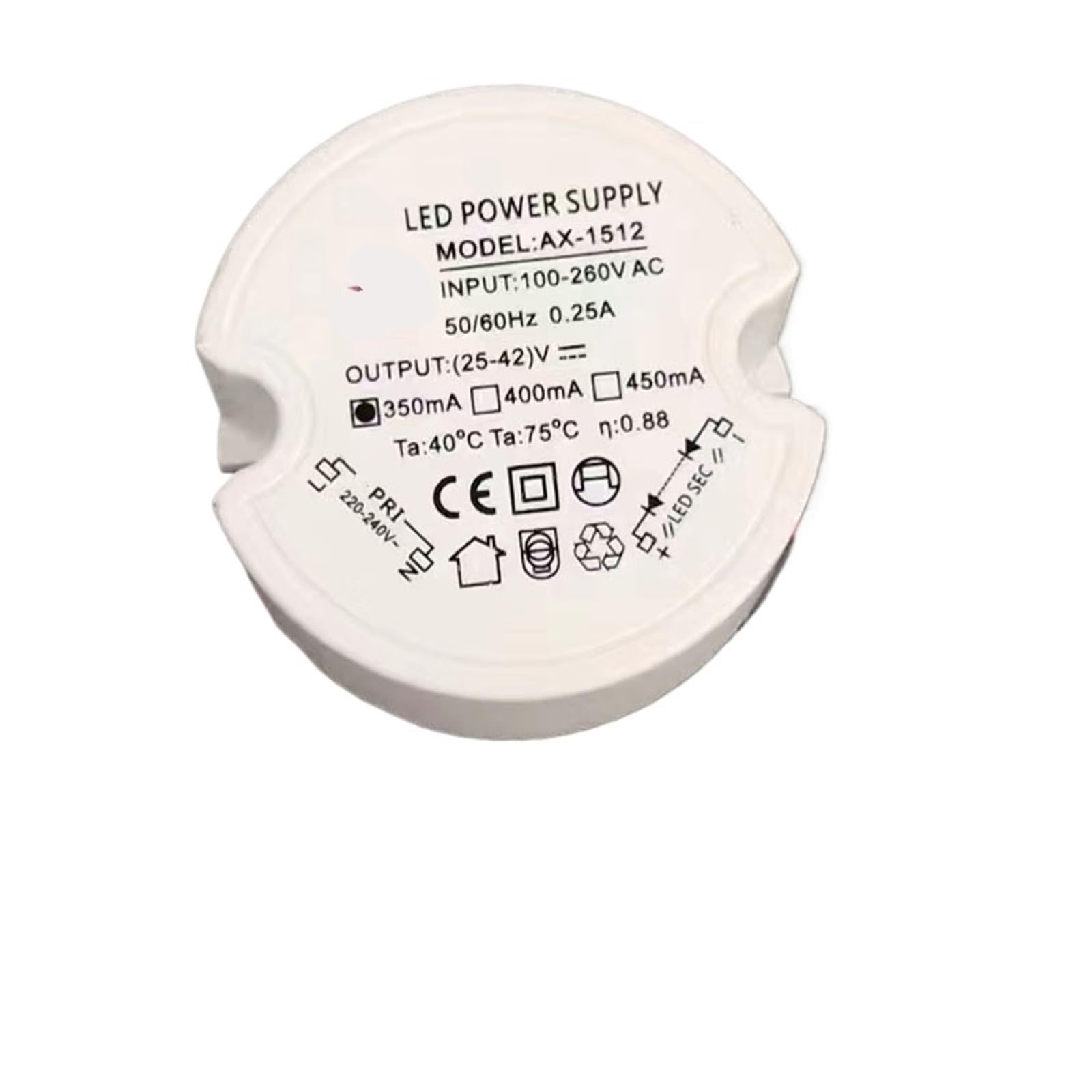 Round LED Constant Current Drive Power Supply Spotlight Transformer Ballast 12W24W18W(15W/25-42V/350mA)