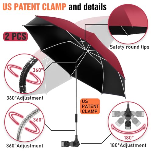 Image of 2 PACK Beach Umbrella with Clamp, 360 Adjustable Umbrellas for Chair, UPF50+ Umbrella for Beach Chair, Patio Chair, Wheelchair, Camping Chair, Golf Carts (Chair Not Included)