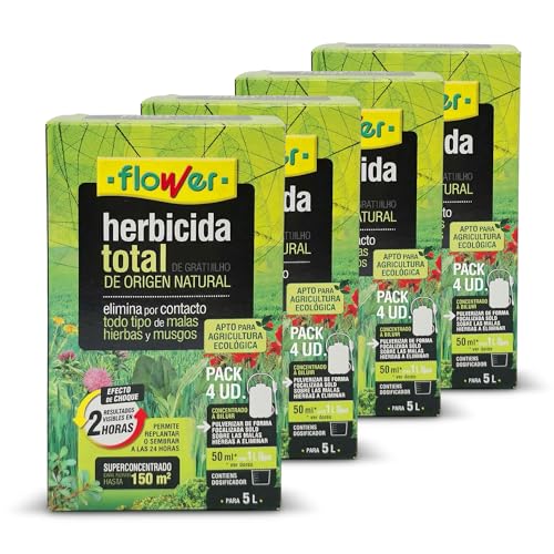 FLOWER x4 Herbicida Total Ecológico Origen Natural 600 m² | Elimina Malas Hierbas y Musgos | Alternativa Glifosato | Resultados 2 Horas | 1000ml + Dosificador Diluir 20L Agua | Súper Concentrado