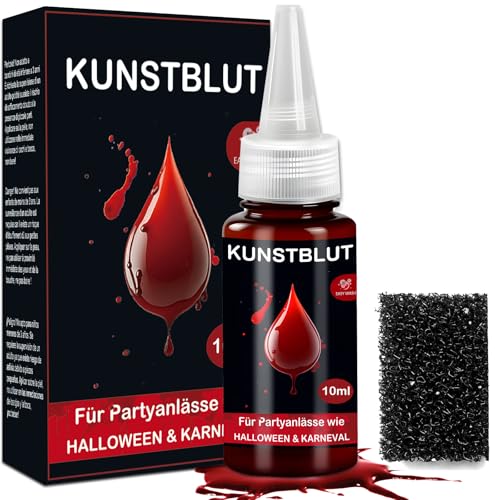 Sangre Falsa Halloween Fake Blood - 10ml Sangre Falsa Lavable Maquillaje Halloween y 1 Esponja, Sangre Falsa para Ropa, Zombi, Vampiro, Cosplay,...
