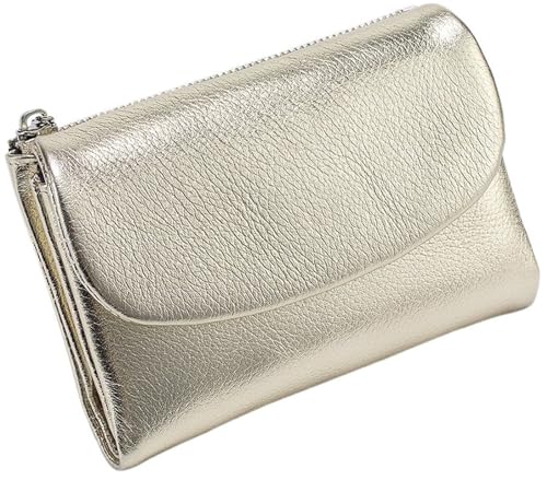 THUCHENYUC Unisex-Geldbörse Aus Kieselleder, Kleine Geldbörsen for Damen, Münzbörse Aus Echtem Leder Mit Kreditkartenhalter Und Bargeldfächern(Gold)